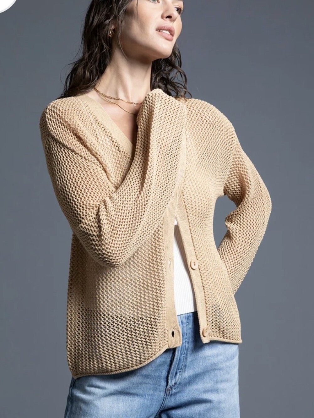 Weekend Los Angeles Coco Cardigan.Open-mesh crochet stitch knit. Khaki. Size xs